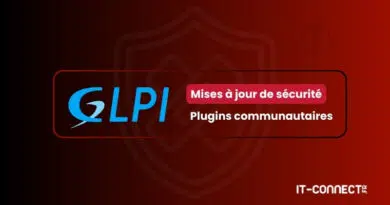 GLPI banner announcing security updates and community plugins, with IT-Connect logo on a red gradient background.