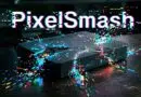 Black mini game console on a dark surface bursting with colorful sparks, with a glitchy 'Pixel Smash' logo above.