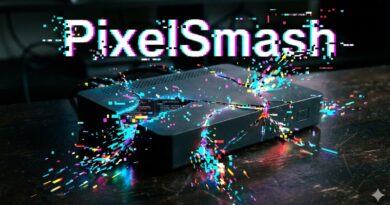 Black mini game console on a dark surface bursting with colorful sparks, with a glitchy 'Pixel Smash' logo above.