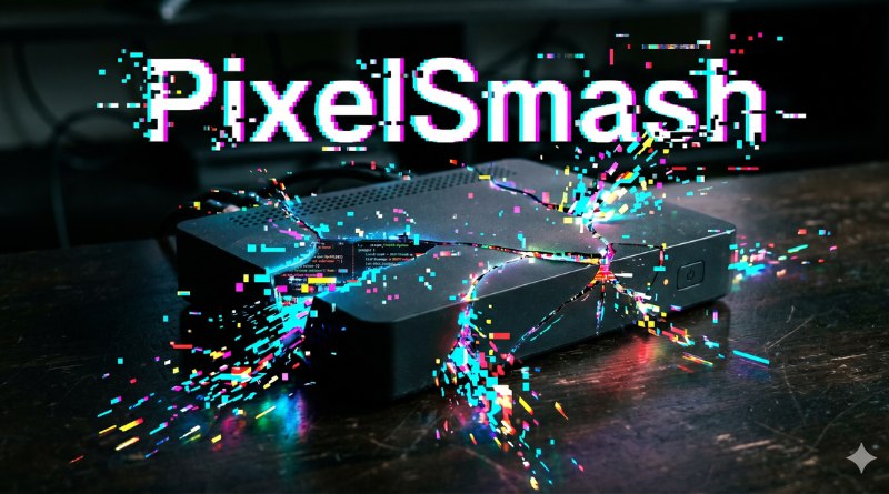 Black mini game console on a dark surface bursting with colorful sparks, with a glitchy 'Pixel Smash' logo above.