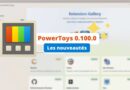 PowerToys 0.100.0 update banner with 'Les nouveautés' callout over a blurred Extension Gallery UI background.