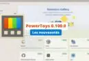 PowerToys 0.100.0 update banner with 'Les nouveautés' callout over a blurred Extension Gallery UI background.