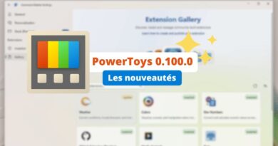 PowerToys 0.100.0 update banner with 'Les nouveautés' callout over a blurred Extension Gallery UI background.