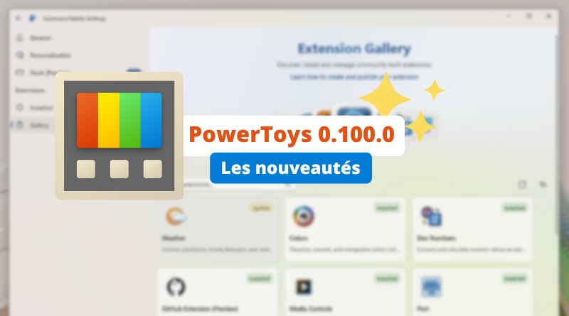 PowerToys 0.100.0 update banner with 'Les nouveautés' callout over a blurred Extension Gallery UI background.