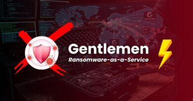Logo-style banner for 'Gentlemen Ransomware-as-a-Service' featuring a shield with a red X, a yellow lightning bolt, and a dark cyber background.