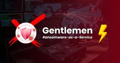 Logo-style banner for 'Gentlemen Ransomware-as-a-Service' featuring a shield with a red X, a yellow lightning bolt, and a dark cyber background.