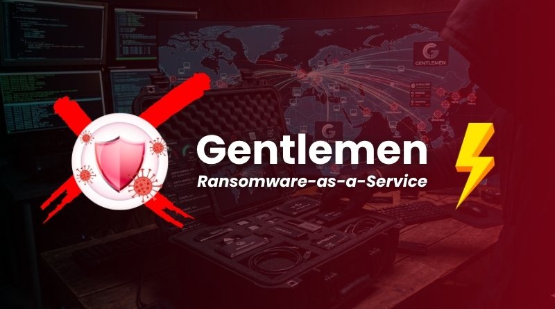 Logo-style banner for 'Gentlemen Ransomware-as-a-Service' featuring a shield with a red X, a yellow lightning bolt, and a dark cyber background.