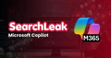 Banner with 'SearchLeak' logo, 'Microsoft Copilot' and 'M365' on a red tech background.