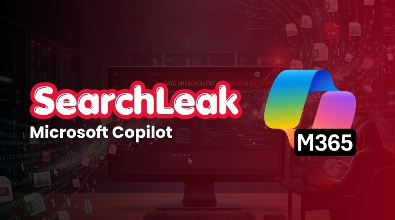 Banner with 'SearchLeak' logo, 'Microsoft Copilot' and 'M365' on a red tech background.