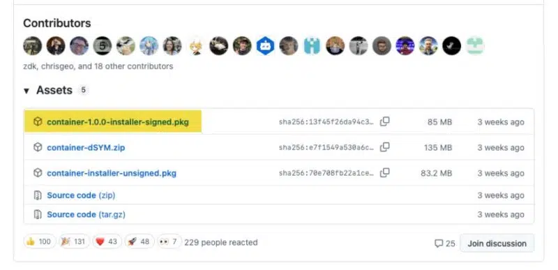 Installation of Apple’s container tool on macOS via the signed package.
