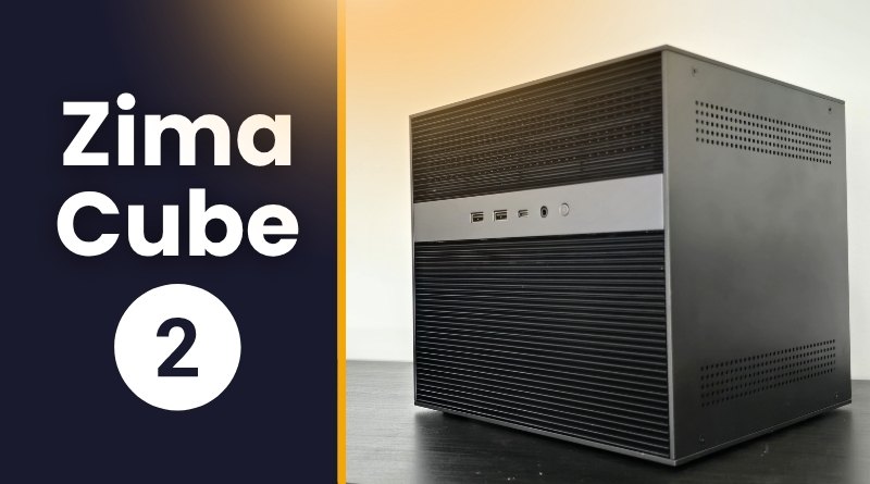 Zima Cube 2 desktop computer shown on a desk with a dark left panel and a yellow divider, highlighting the product name.