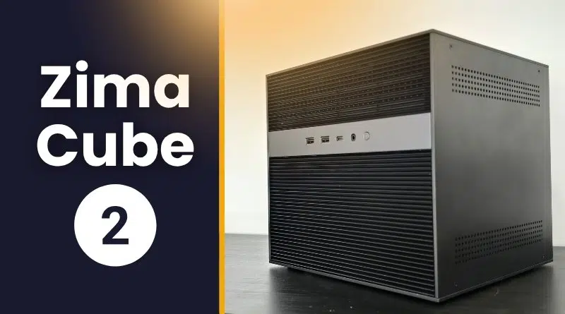 Zima Cube 2 desktop computer shown on a desk with a dark left panel and a yellow divider, highlighting the product name.