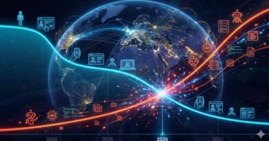 Global digital network visualization across the world with AI icons and glowing data streams, highlighting 2024–2027 timeline.