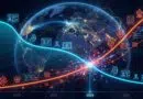 Global data network visualization showing bright AI and data icons flowing across a illuminated world map, timeline 2024–2027.