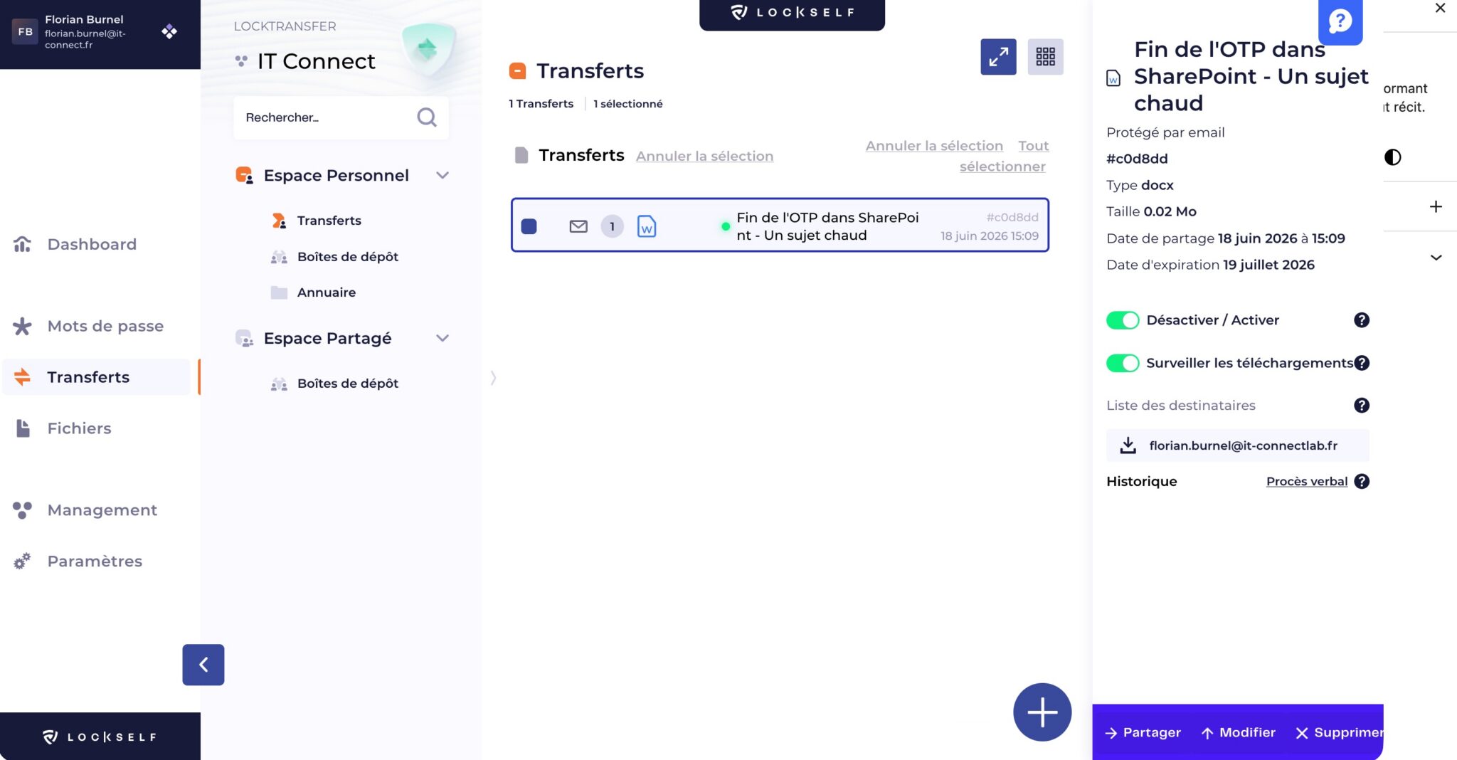 Interface of a web app showing a left navigation with 'Transfers' highlighted, a central transfer item labeled 'End of OTP in SharePoint', and a right settings panel with toggles.