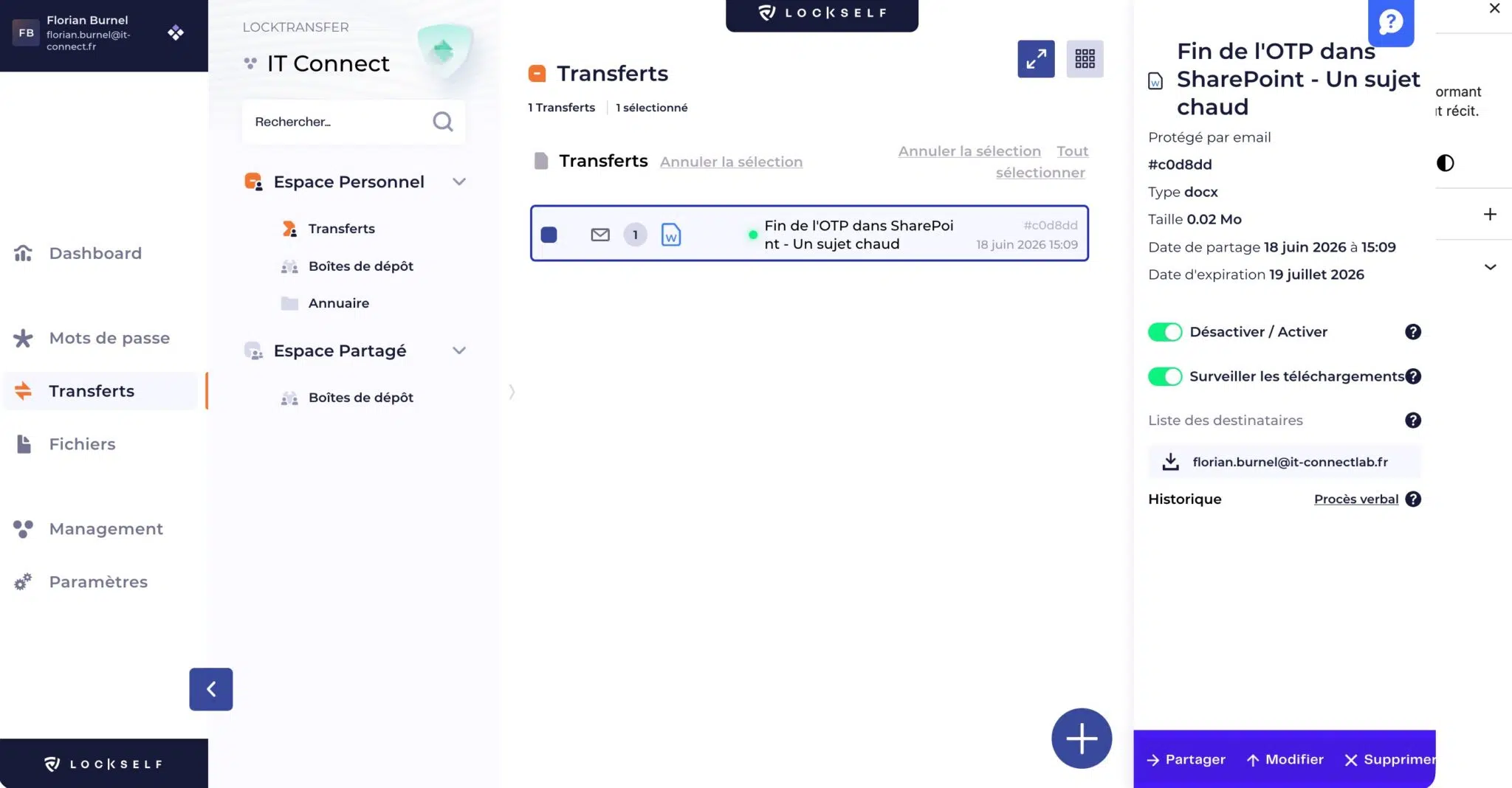 Interface of a web app showing a left navigation with 'Transfers' highlighted, a central transfer item labeled 'End of OTP in SharePoint', and a right settings panel with toggles.
