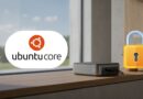 Ubuntu Core logo on a windowsill with a small network device, and a large padlock icon signaling security.