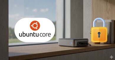 Ubuntu Core logo on a windowsill with a small network device, and a large padlock icon signaling security.