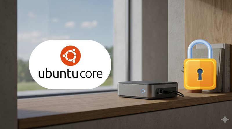 Ubuntu Core logo on a windowsill with a small network device, and a large padlock icon signaling security.
