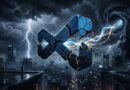 Shattered blue geometric logo floating over a rainy city skyline with lightning and glowing energy lines.