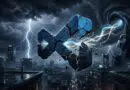 Shattered blue geometric logo floating over a rainy city skyline with lightning and glowing energy lines.