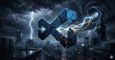 Shattered blue geometric logo floating over a rainy city skyline with lightning and glowing energy lines.