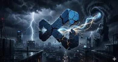 Shattered blue geometric logo floating over a rainy city skyline with lightning and glowing energy lines.