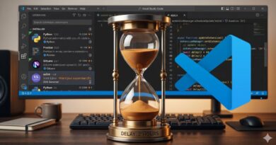 Hourglass on a desk in front of a monitor displaying VS Code and code, symbolizing a 2-hour delay