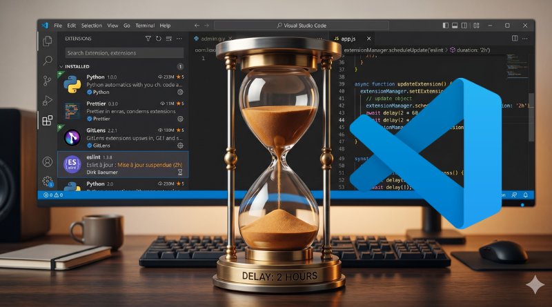 Hourglass on a desk in front of a monitor displaying VS Code and code, symbolizing a 2-hour delay