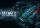 Branding text 'FROST' beside a glowing RAM module with neon holographic data charts and code in the background.