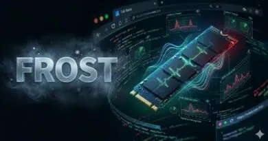 Branding text 'FROST' beside a glowing RAM module with neon holographic data charts and code in the background.