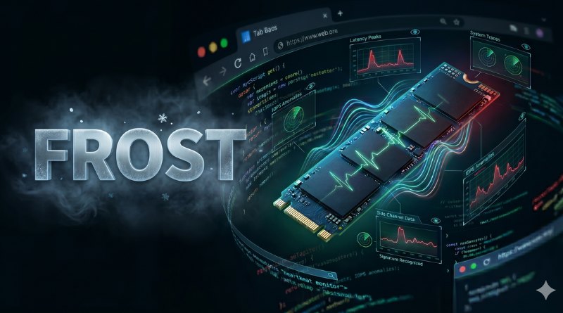 Branding text 'FROST' beside a glowing RAM module with neon holographic data charts and code in the background.