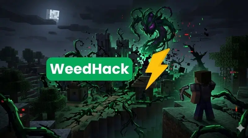 Minecraft night battle: a player faces a green, tentacled boss as WeedHack logo with a yellow lightning bolt dominates the foreground.