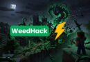 WeedHack promotional banner: logo with a yellow lightning bolt over a dark, Minecraft‑style village being attacked by a green tentacled monster.