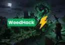 Promotional banner for WeedHack showing a Minecraft-like battle against a green tentacled boss, with a green WeedHack logo and yellow lightning bolt.