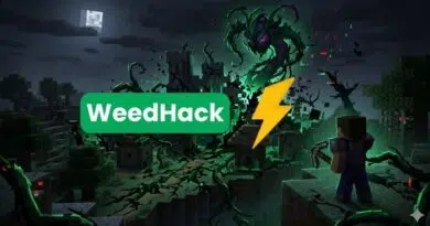 Promotional banner for WeedHack showing a Minecraft-like battle against a green tentacled boss, with a green WeedHack logo and yellow lightning bolt.