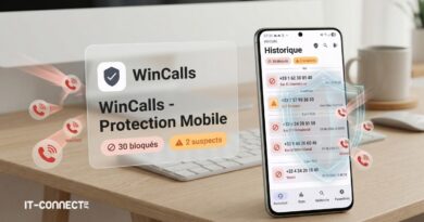 Mobile security app WinCalls Protection Mobile blocking spam calls, with history screen on a smartphone beside a laptop on a desk
