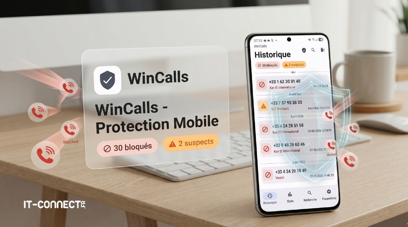 Mobile security app WinCalls Protection Mobile blocking spam calls, with history screen on a smartphone beside a laptop on a desk