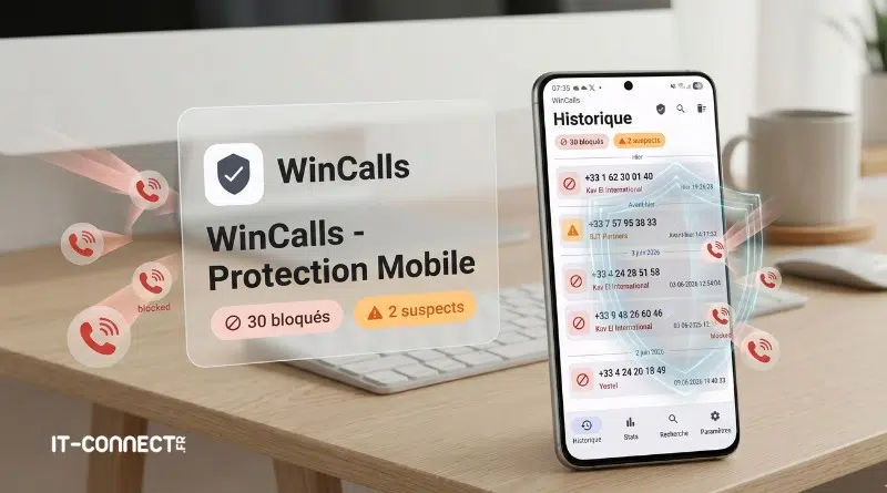 Mobile security app WinCalls Protection Mobile blocking spam calls, with history screen on a smartphone beside a laptop on a desk