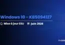 Windows 10 update screen showing KB5094127, Mise à jour ESU, Juin 2026, with a blue Windows background and IT-CONNECT watermark
