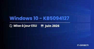 Windows 10 update screen showing KB5094127, Mise à jour ESU, Juin 2026, with a blue Windows background and IT-CONNECT watermark