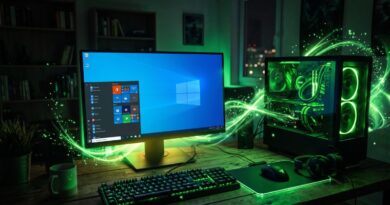 Gaming desktop setup with a monitor, keyboard, mouse, and a PC case emitting bright green LED glow.