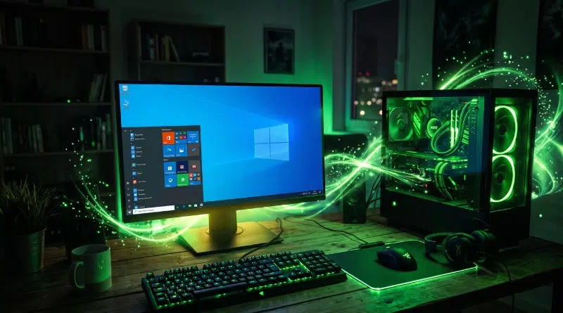 Gaming desktop setup with a monitor, keyboard, mouse, and a PC case emitting bright green LED glow.