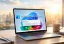 Laptop on a desk showing Windows 11 21H2 with a Windows Update progress window on screen, sunlight in the background.