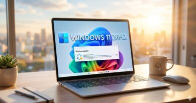 Laptop on a desk showing Windows 11 21H2 with a Windows Update progress window on screen, sunlight in the background.