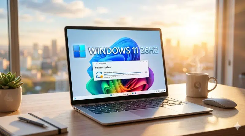 Laptop on a desk showing Windows 11 21H2 with a Windows Update progress window on screen, sunlight in the background.