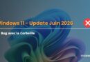 Windows 11 – Update Juin 2026 slide with 'Bug avec la Corbeille' and a red X icon on a colorful abstract background.