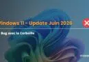 Windows 11 – Update Juin 2026 slide with 'Bug avec la Corbeille' and a red X icon on a colorful abstract background.