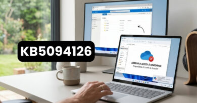 Desk setup with a laptop and an external monitor; laptop screen shows a OneDrive access error in French and a large KB5094126 badge overlay.
