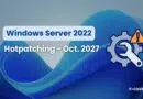 Banner announcing Windows Server 2022 hotpatching for Oct. 2027, with a gear icon and warning triangle on a blue background.
